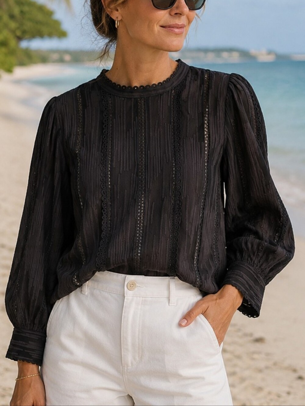 Ann Klein Black Sheer Long Sleeve Blouse Size Medium NWT